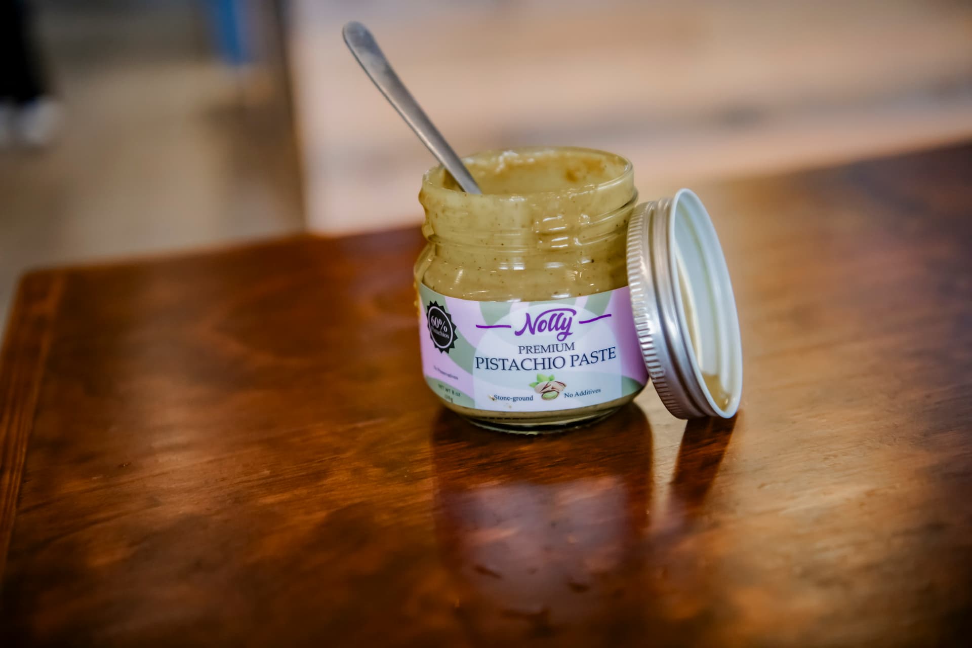 Nolly premium pistachio paste open jar